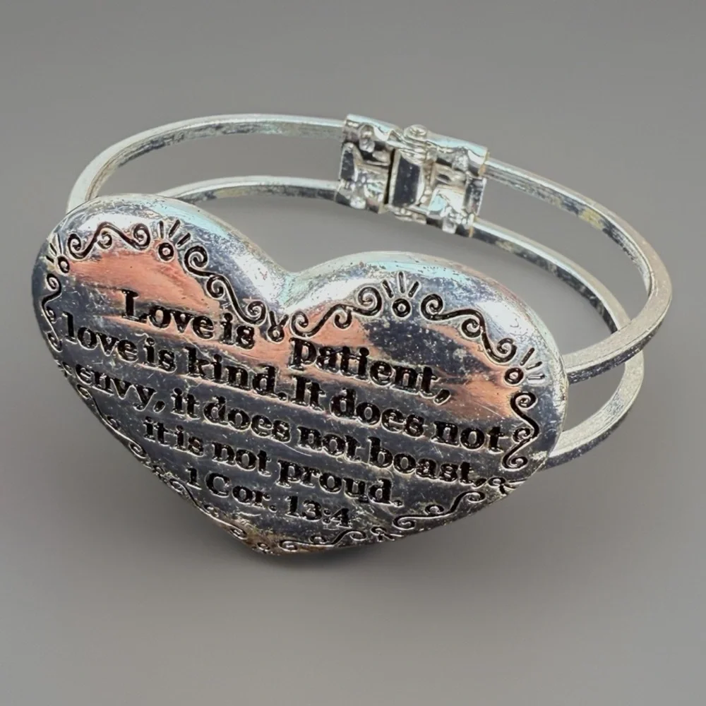 Silvertone Heart Cuff Bracelet with Inspirational Quote